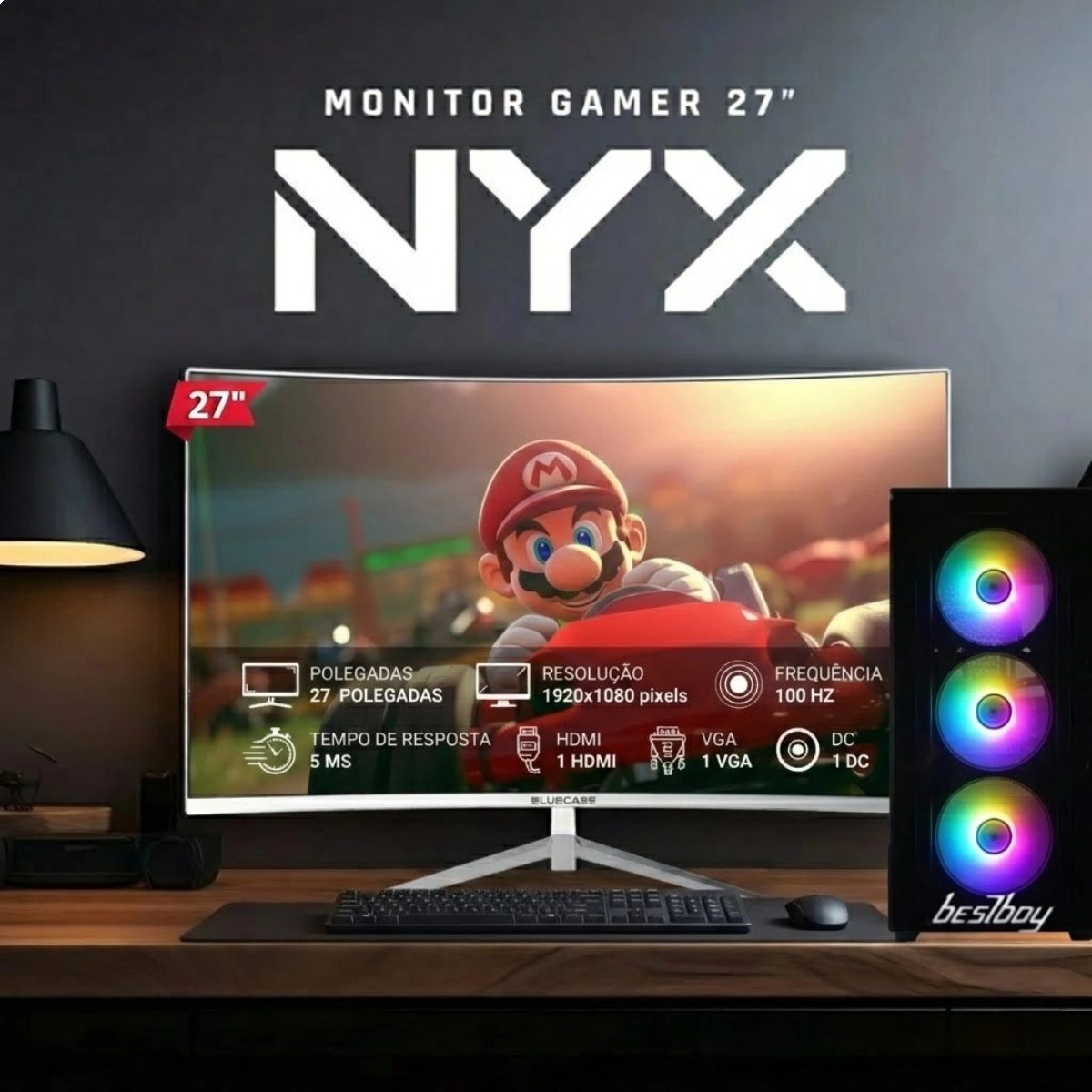 MONITOR GAMER 27 BRANCO CURVO NYX 5MS BLUECASE FHD 100HZ HDMI VGA FREESYNC 