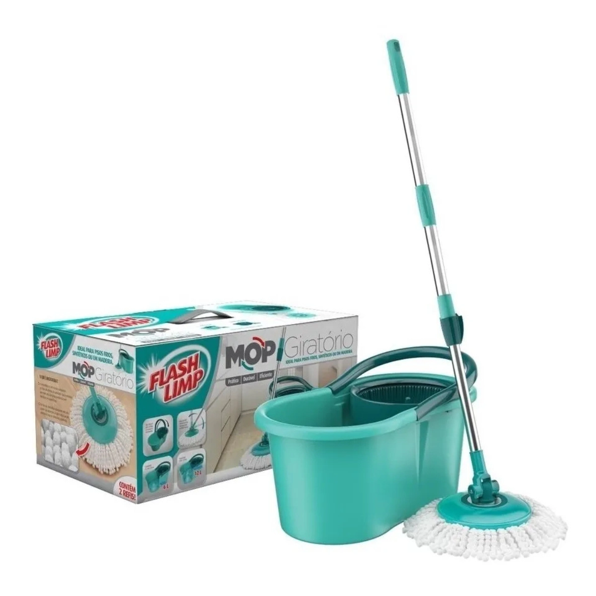 MOP GIRATÓRIO FLASH LIMP CINZA E VERDE MICROFIBRA ÁGUA LIMPA INOX