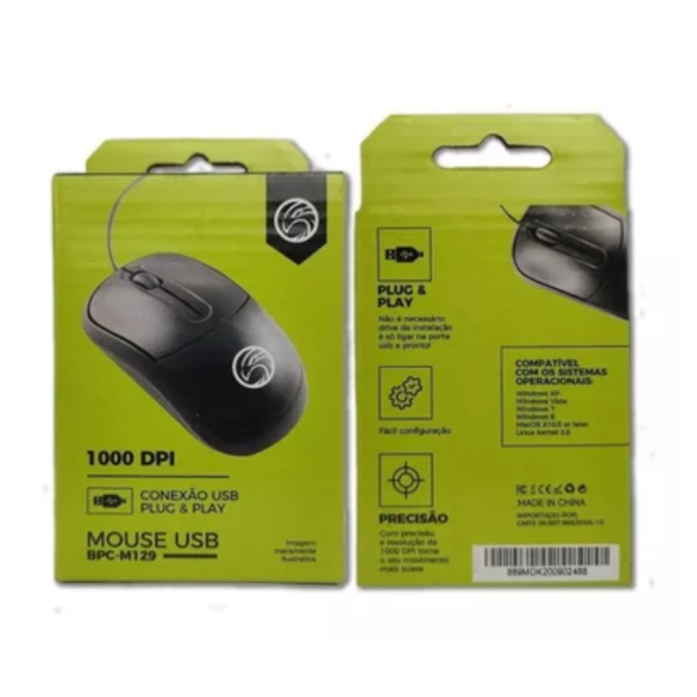  Mouse Óptico com Fio BPC-M129 ? 1000 DPI, 3 Botões, Plug &amp; Play