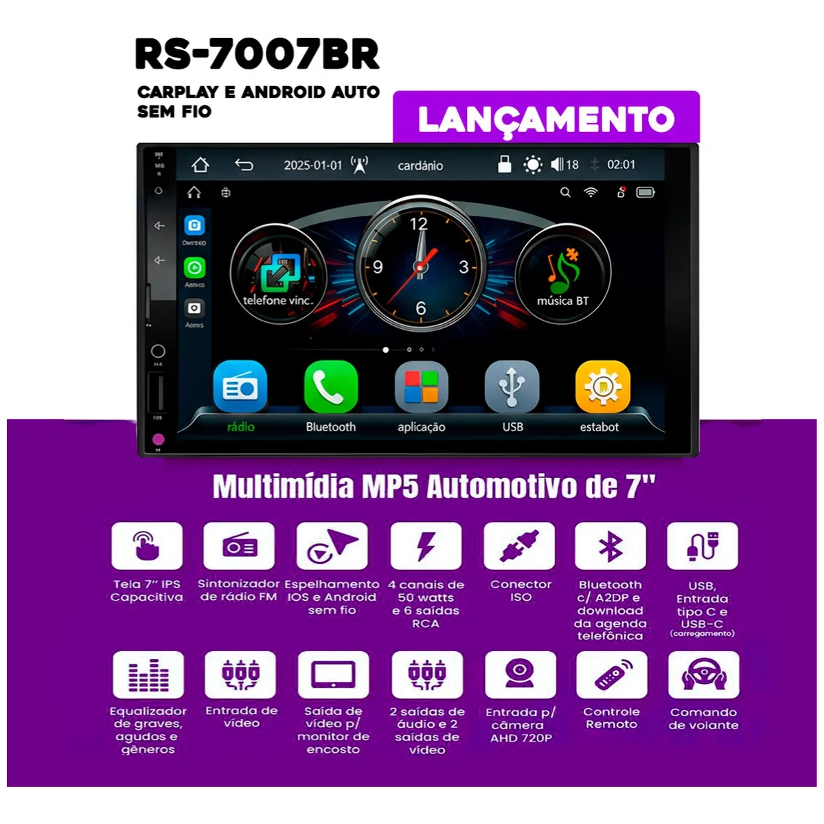 MULTIMÍDIA VEICULAR MP5 RS-7007BR 7 CARPLAY ANDROID AUTO SEM FIO