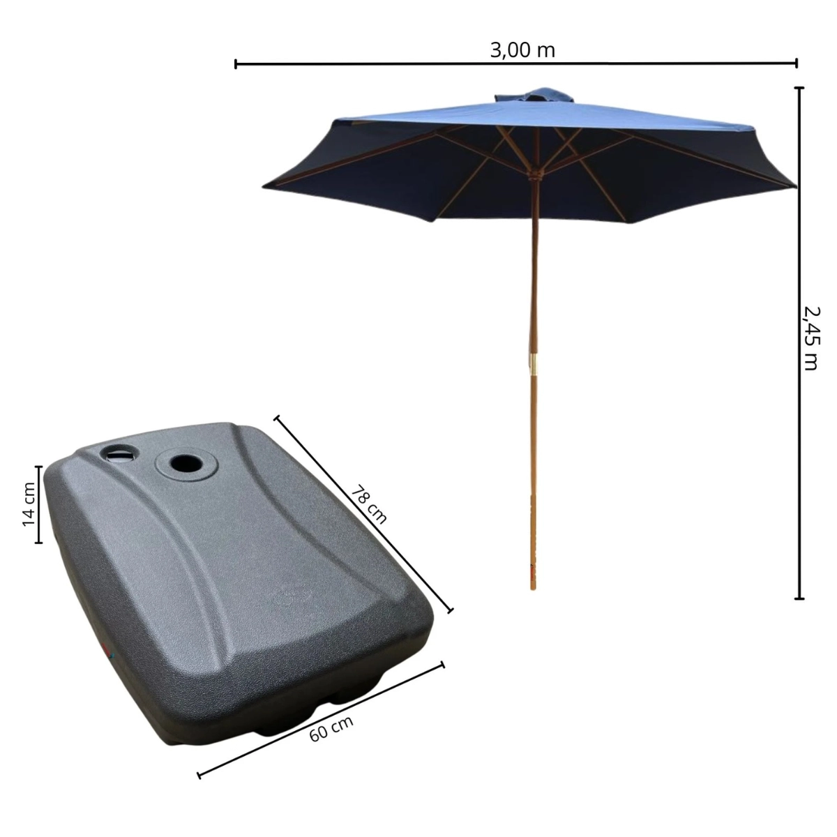 OMBRELONE CENTRAL EM MADEIRA COM BASE IMPORTWAY 3,00M AZUL