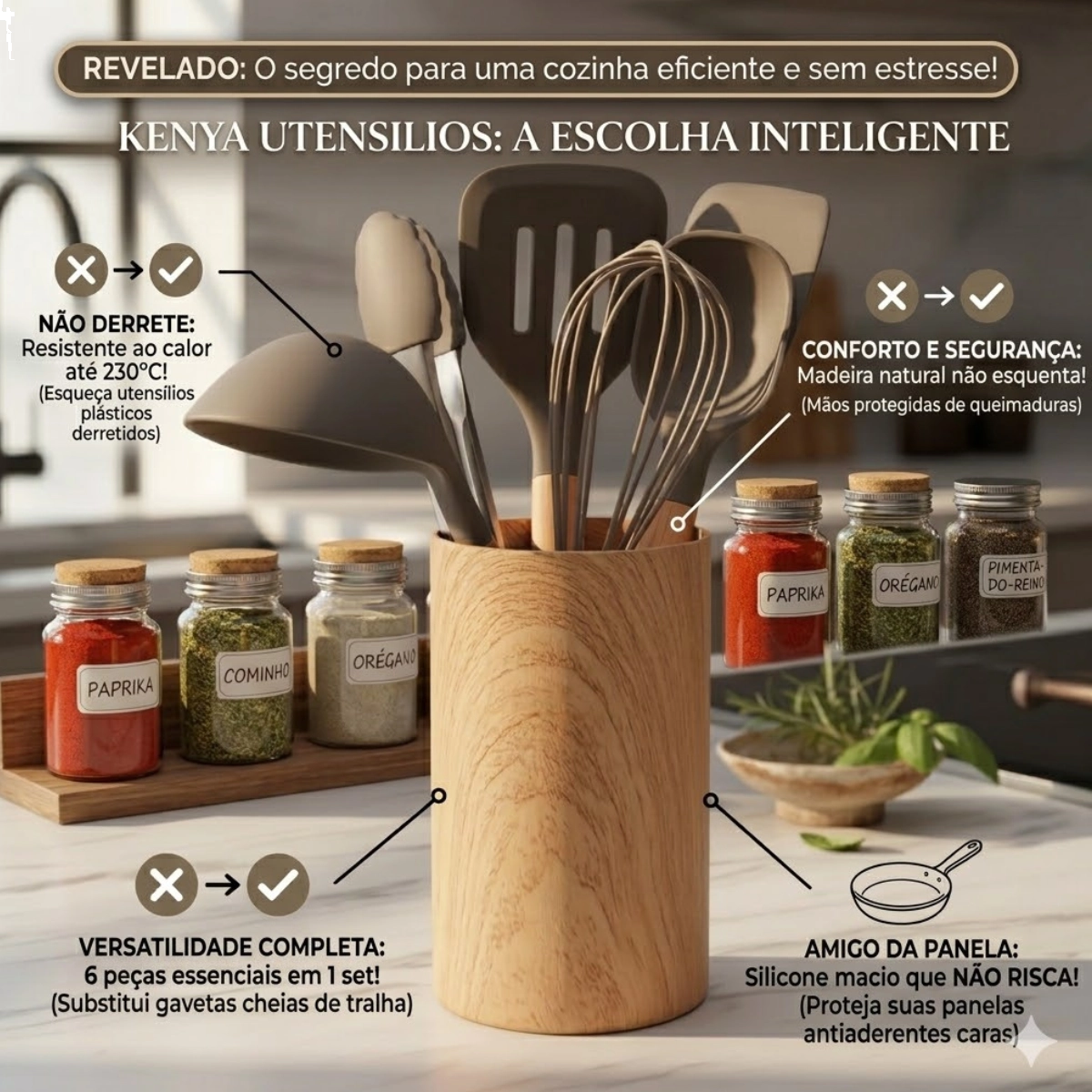 Organizador de Utensílios de Madeira em Silicone 6 Peças Cinza Kenya