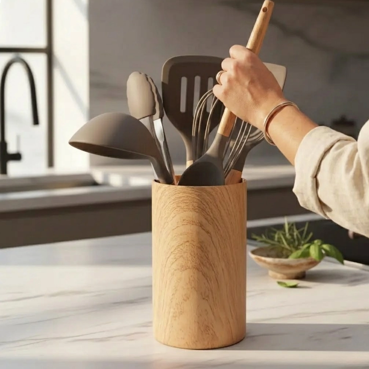 Organizador de Utensílios de Madeira em Silicone 6 Peças Cinza Kenya