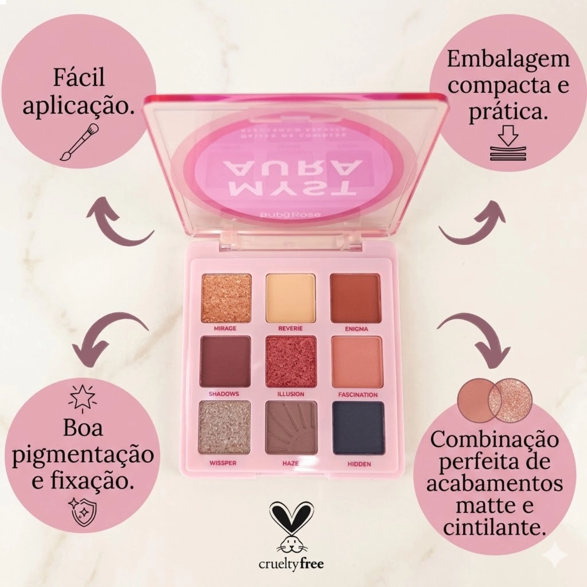 PALETA RUBY ROSE MYST AURA 9 CORES ALTA PIGMENTAÇÃO PALETA RUBY ROSE MYST AURA 9 CORES ALTA PIGMENTAÇÃO