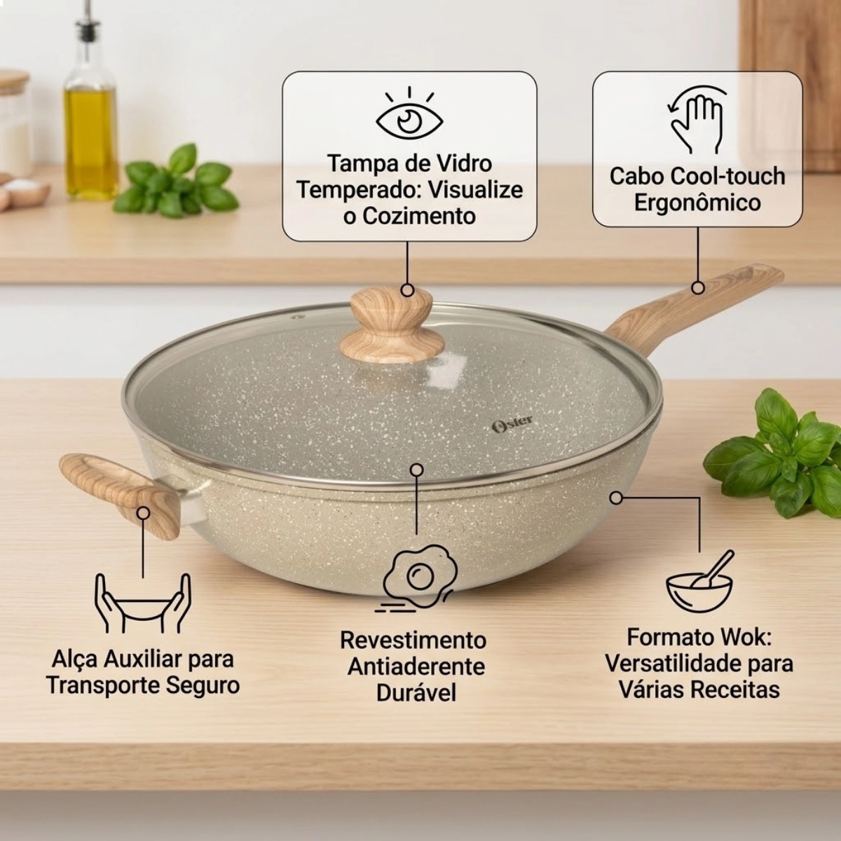 PANELA WOK CERAMIC MARBLE EM ALUMÍNIO 31,5CM CINZA DUST OSTER