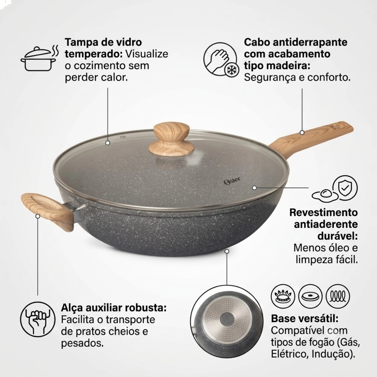 PANELA WOK CERAMIC MARBLE EM ALUMÍNIO 31,5CM DARK GREY OSTER PANELA WOK CERAMIC MARBLE EM ALUMÍNIO 31,5CM DARK GREY OSTER