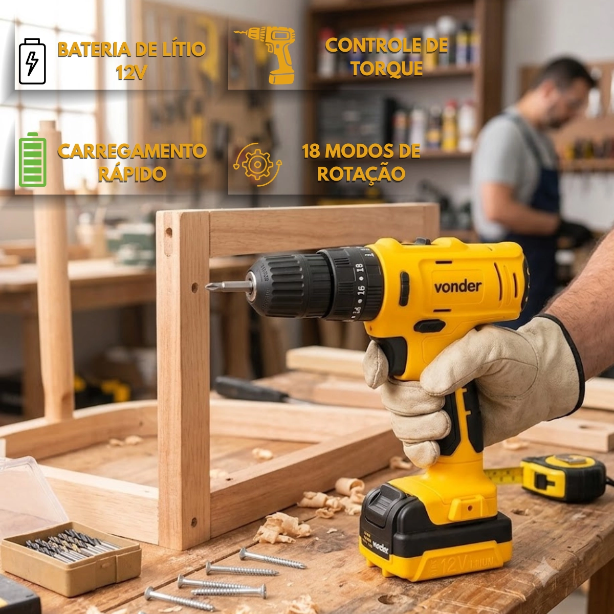 PARAFUSADEIRA E FURADEIRA COM IMPACTO VONDER PFV120I 18 NIVEIS 