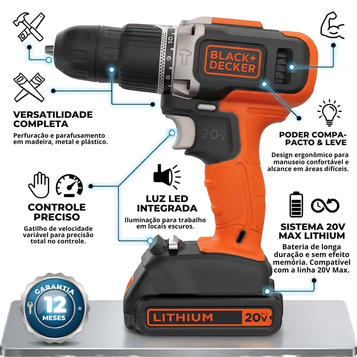 PARAFUSADEIRA FURADEIRA IMPACTO BLACK DECKER 20V 3/8 BCD704 PARAFUSADEIRA FURADEIRA IMPACTO BLACK DECKER 20V 3/8 BCD704