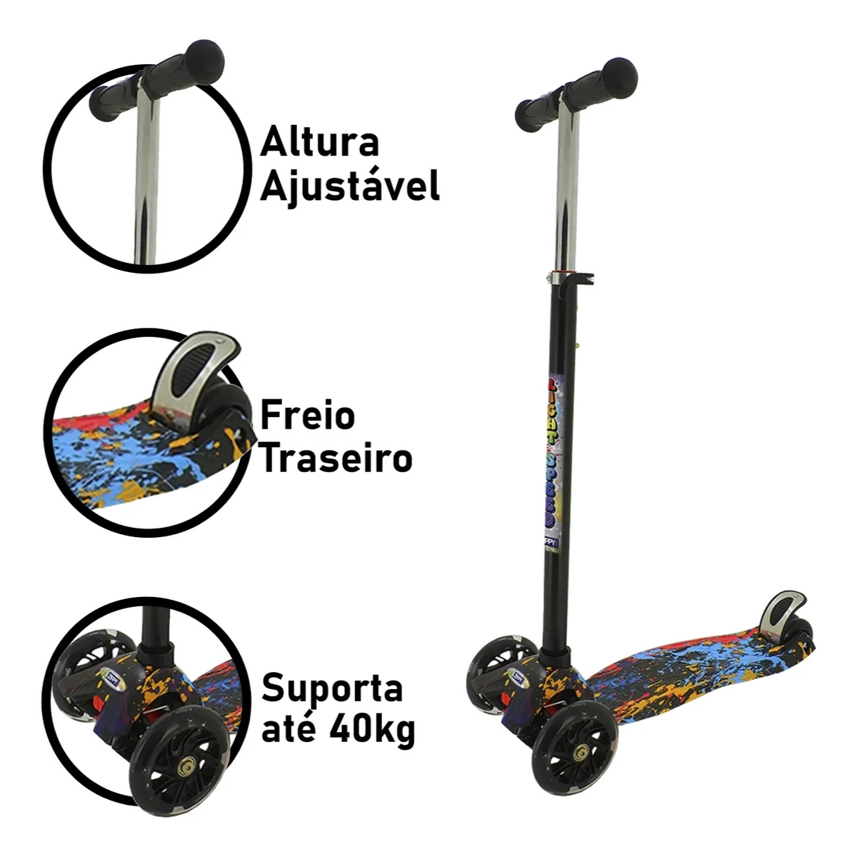 PATINETE INFANTIL AJUSTÁVEL LIGHT SPEED COLORIDO COM LUZ PRETO