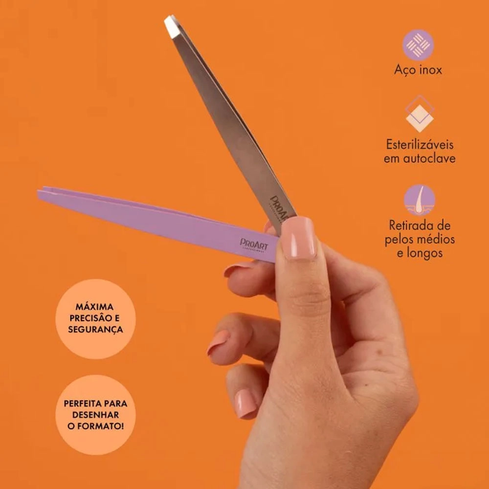 PINÇA DE SOBRANCELHA AÇO INOX  PONTA CHANFRADA PRATA - PROART
