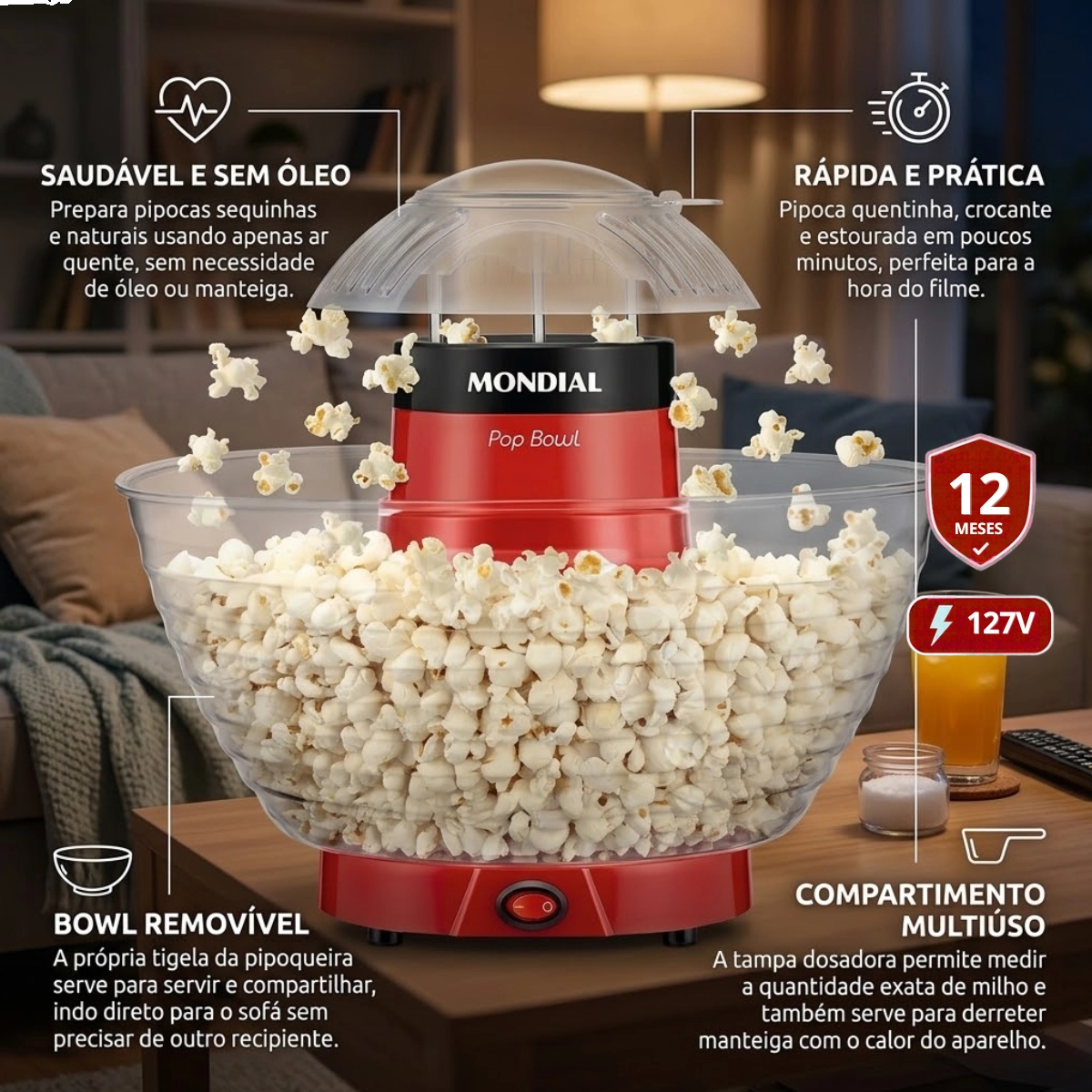 PIPOQUEIRA POP BOWL MONDIAL 1200W VERMELHA PP-05 127V