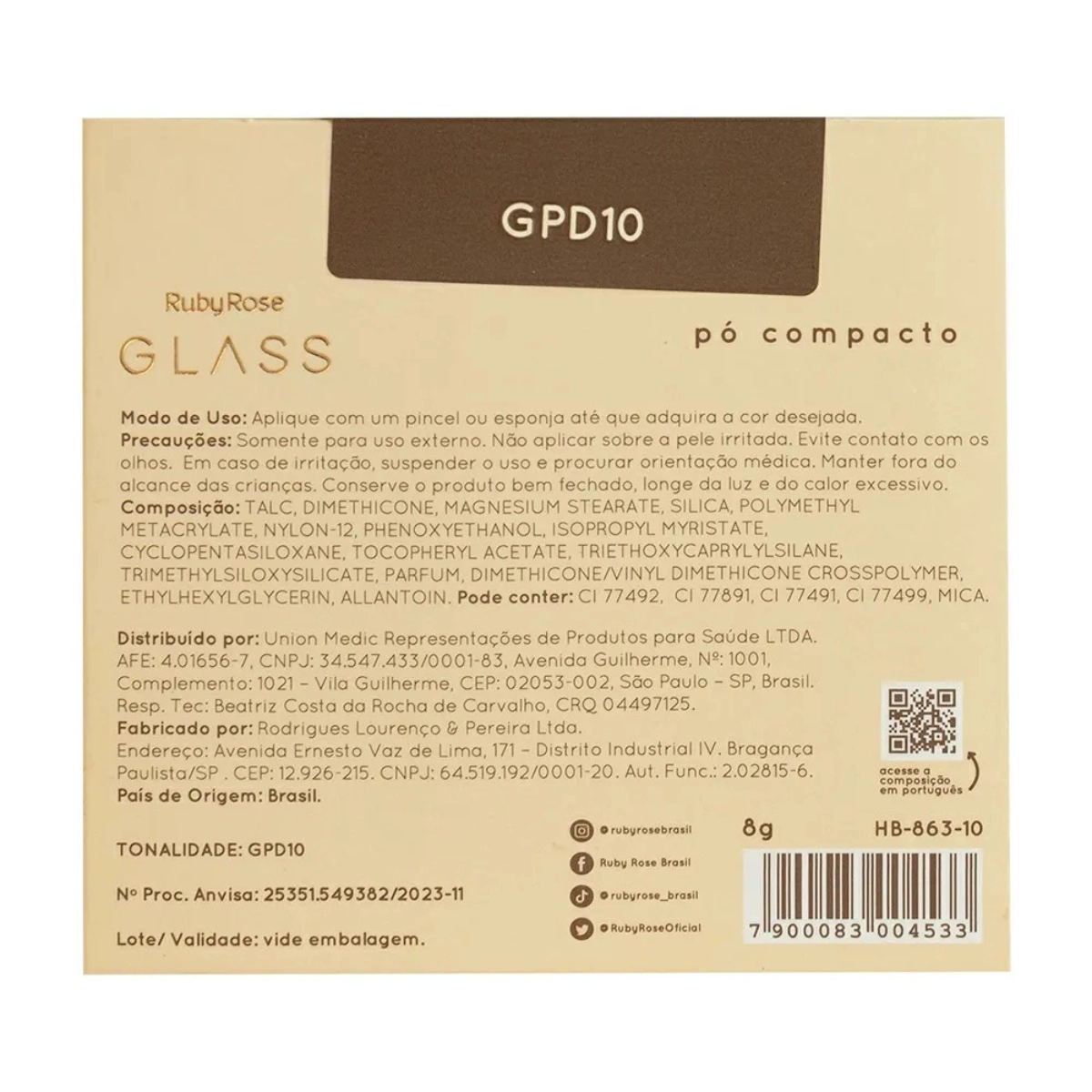 PO COMPACTO DE ALTA COBERTURA GPD10 GLASS HB86310 RUBY ROSE PO COMPACTO DE ALTA COBERTURA GPD10 GLASS HB86310 RUBY ROSE