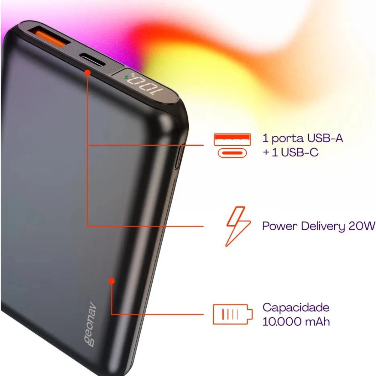 POWER BANK GEONAV 10.000MAH TURBO 2 PORTAS USB CINZA ESPACIAL 