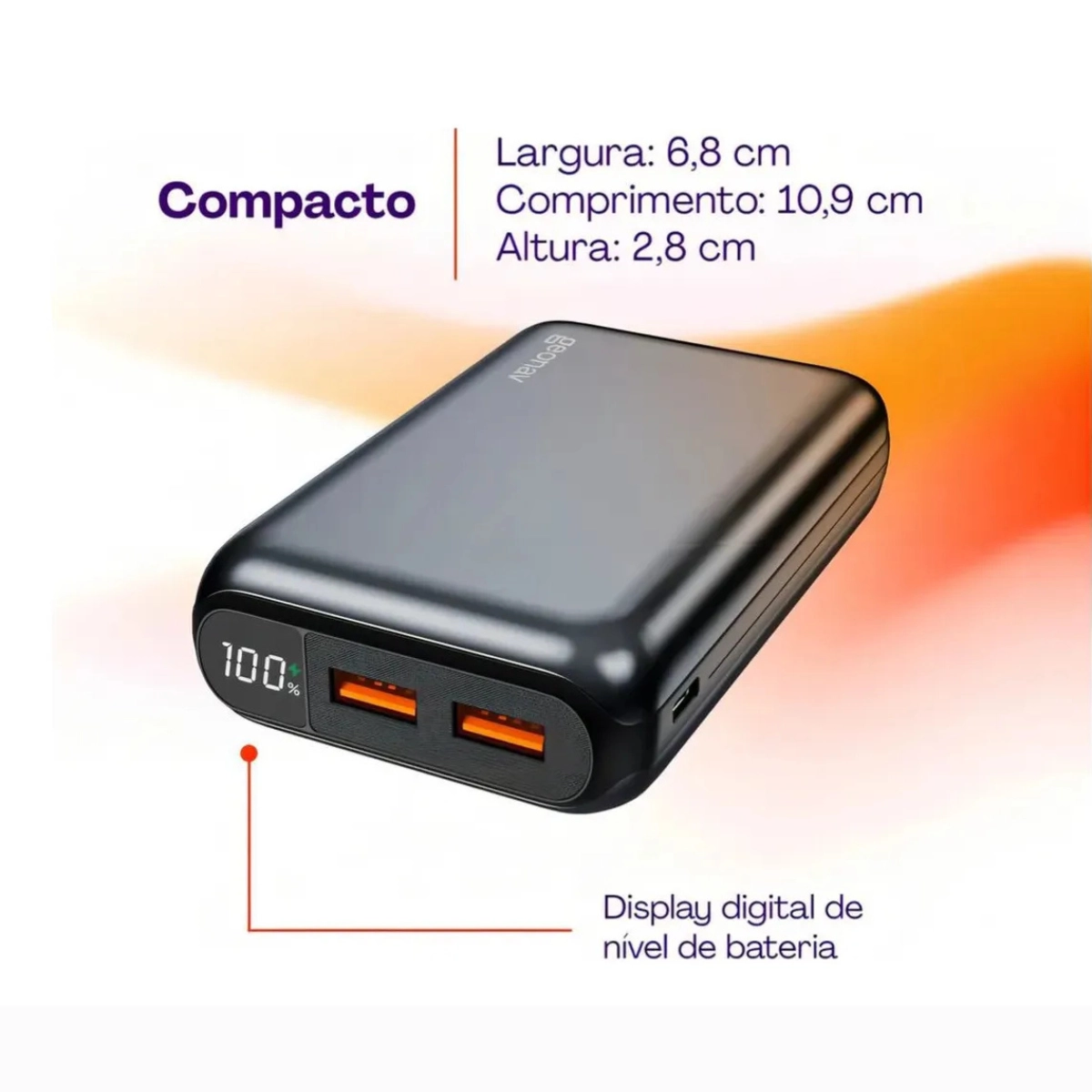 POWER BANK GEONAV 20.000MAH TURBO 2 PORTAS USB CINZA ESPACIAL