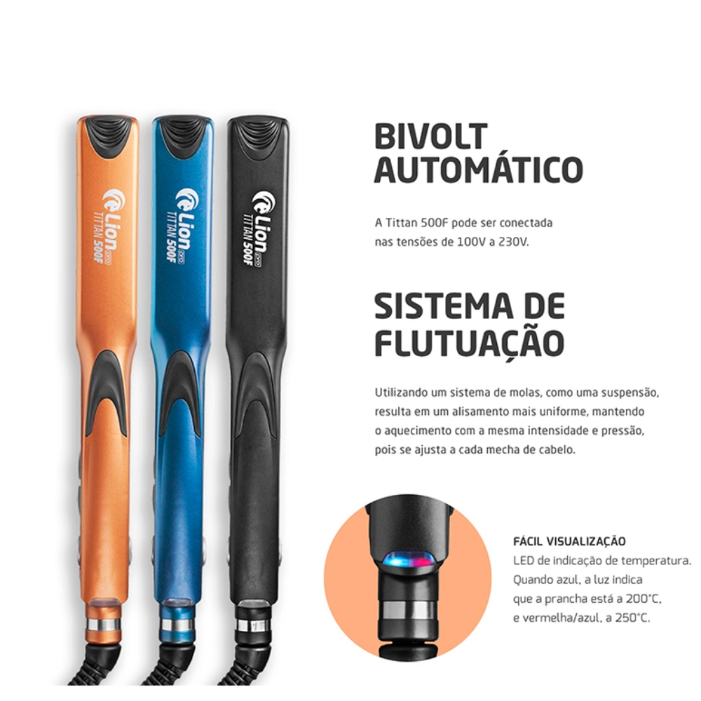 Prancha de Cabelo Profissional | Alta Temperatura 250°C | Placa de Cerâmica com Turmalina | Bivolt Automático | Cabo 3m Giratório - AZUL