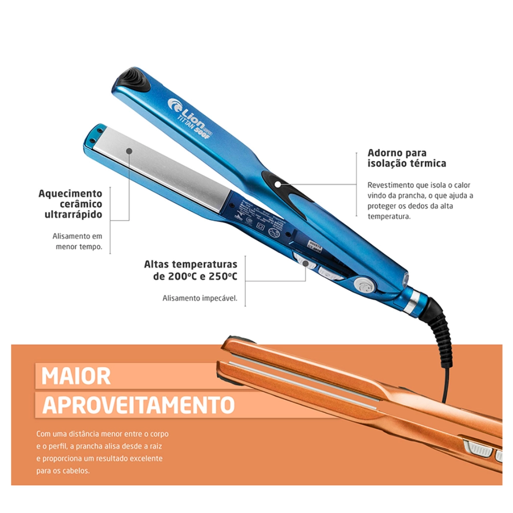Prancha de Cabelo Profissional | Alta Temperatura 250°C | Placa de Cerâmica com Turmalina | Bivolt Automático | Cabo 3m Giratório - Preta