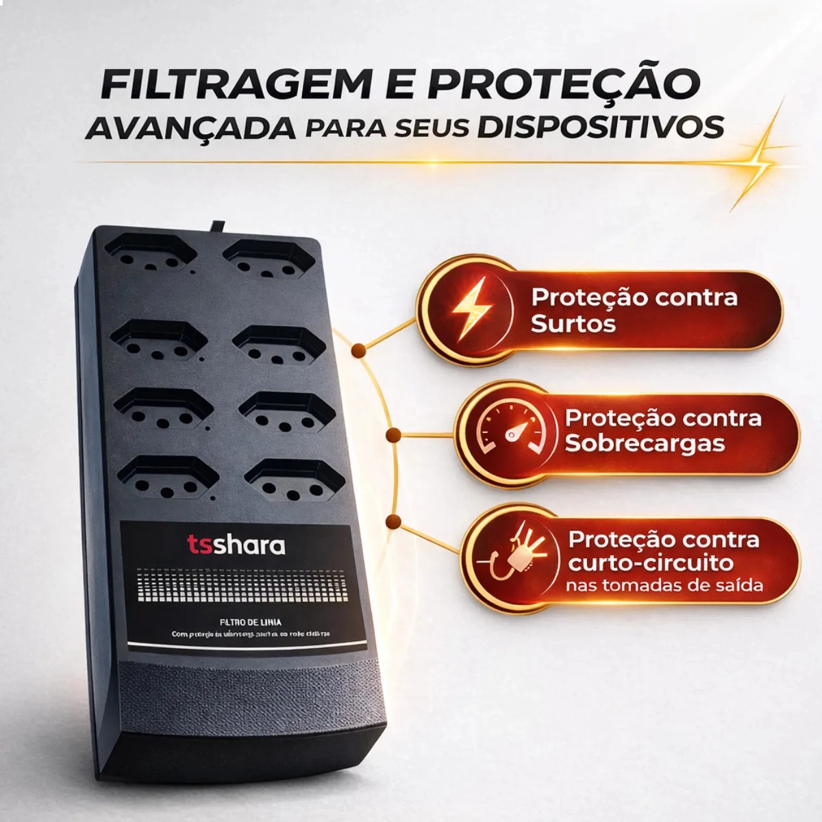 PROTETOR DE SURTO E FILTRO DE LINHA COM USB TS SHARA 8T BIVOLT ANTI-RAIO