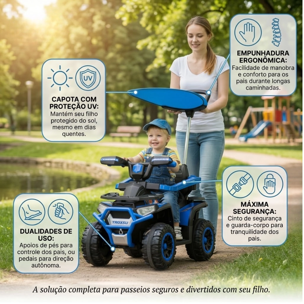 QUADRICICLO ELÉTRICO AZUL EMPURRADOR E COBERTURA IMPORTWAY