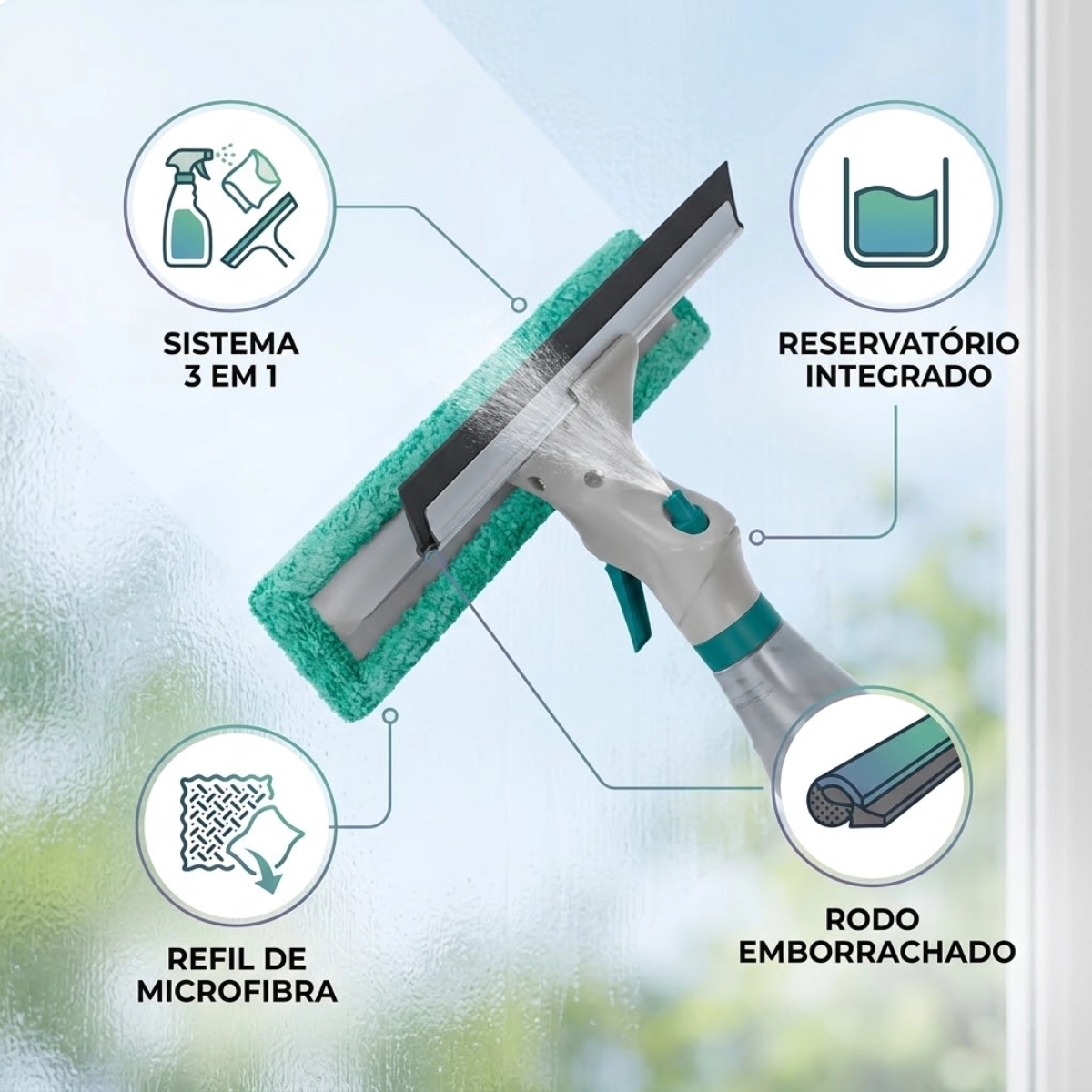 RODO LIMPA VIDROS COM SPRAY 230ML E MICROFIBRA 3 EM 1 FLASHLIMP FLP6384