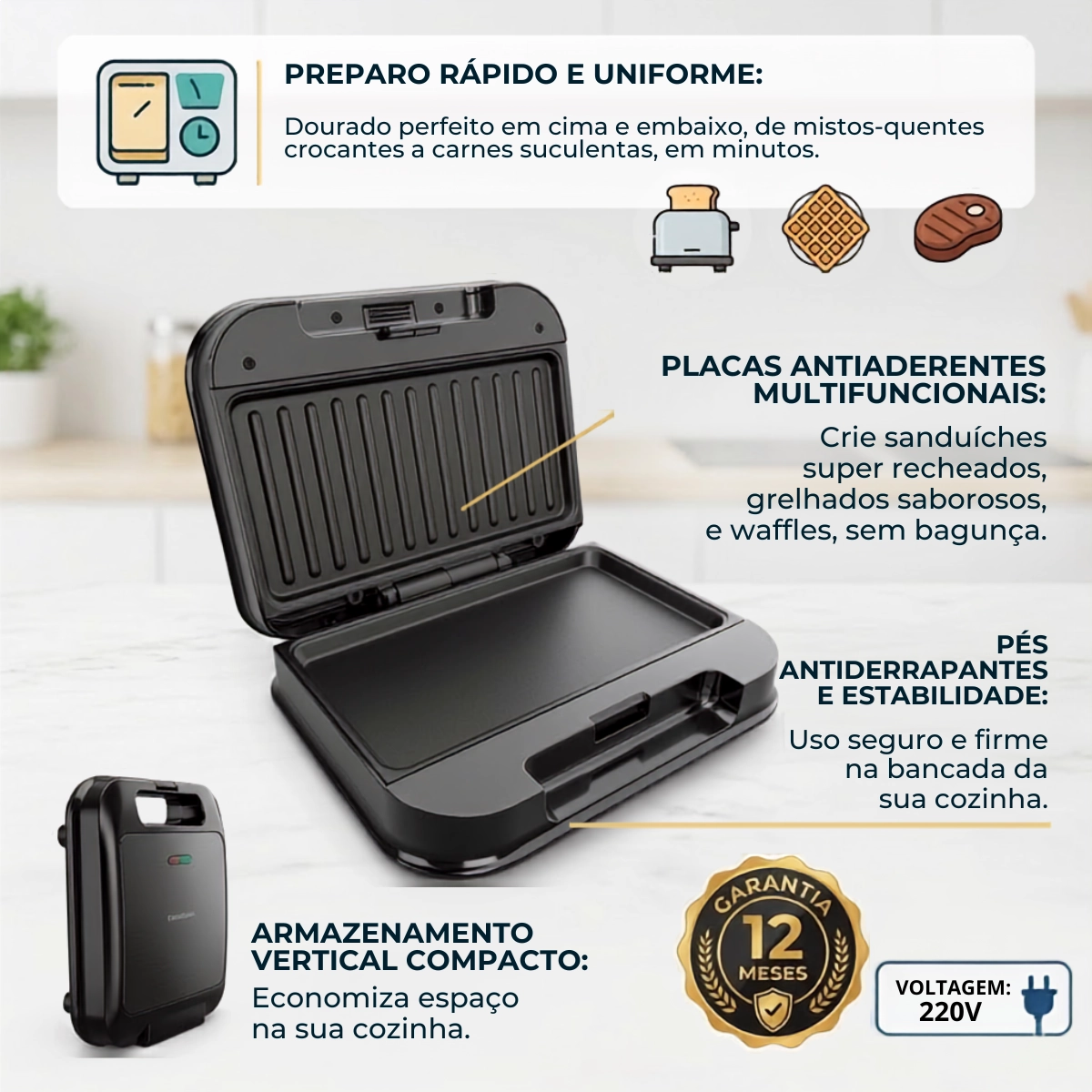 SANDUICHEIRA E GRILL BRITANIA PRETO 2 EM 1 750W BGR24A 220V