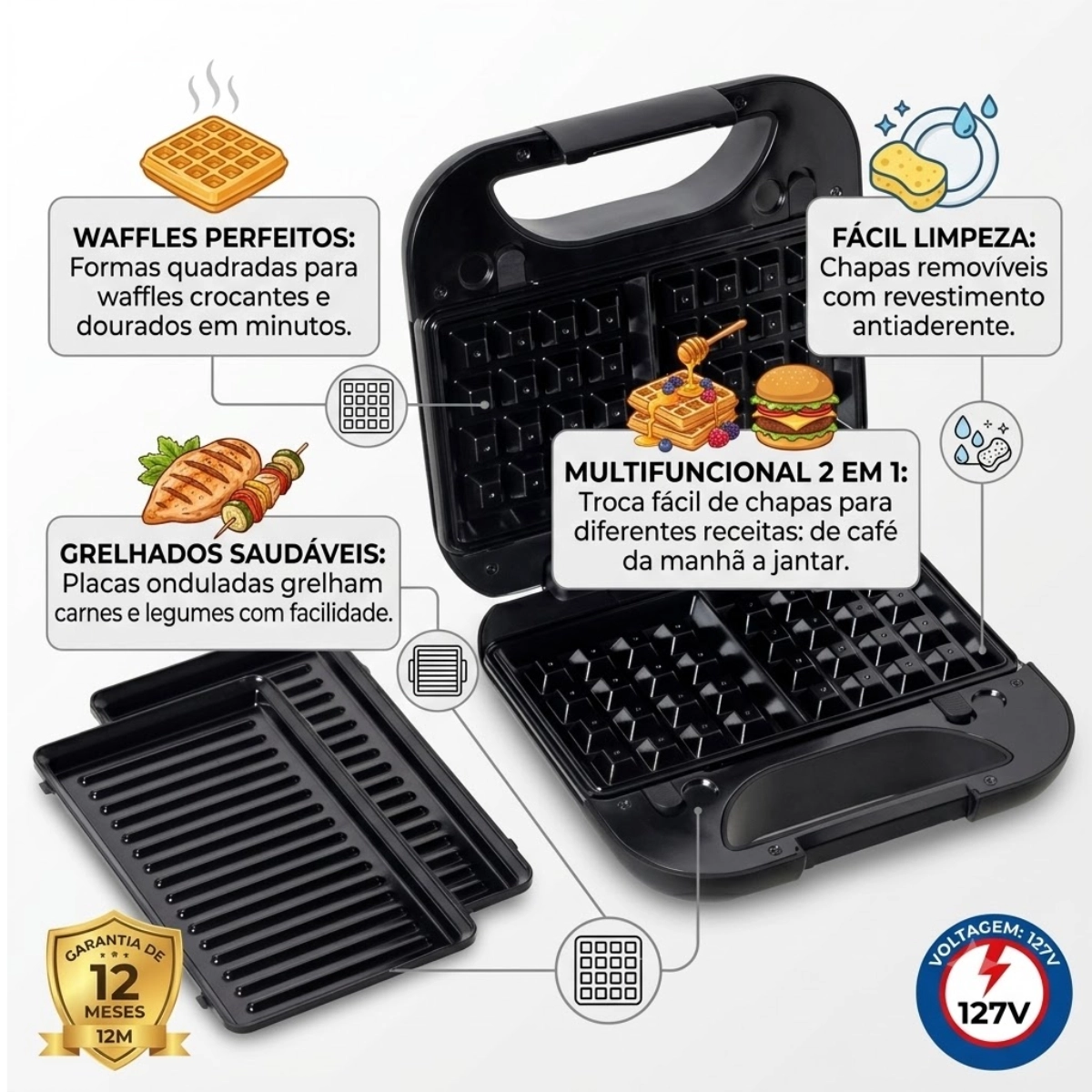 SANDUICHEIRA GRILL E WAFFLE 2 EM 1 750W GW750 127V BLACK+DECKER