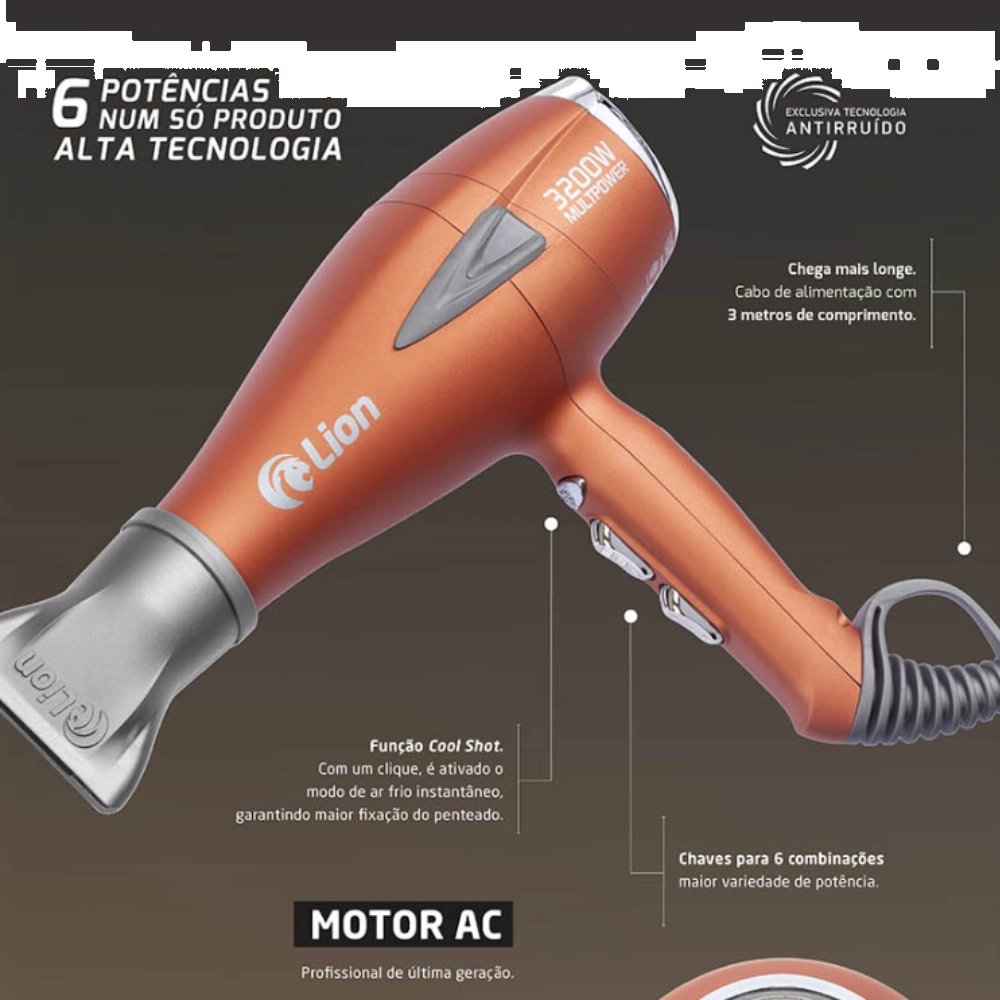 Secador de Cabelo Profissional 3200W Lion Preto Fosco com Display Digital e Íons Negativos