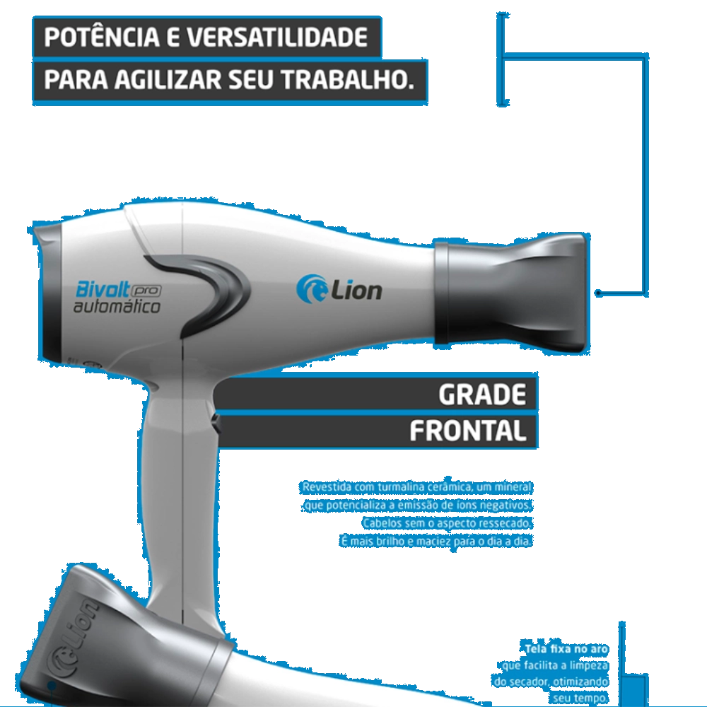 Secador de Cabelo Profissional Lion Bivolt Automático 2100W Íons Frio Silencioso Cabo 3m