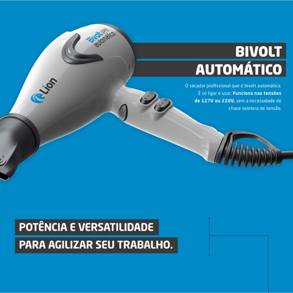 Secador de Cabelo Profissional Lion Bivolt Automático 2100W Íons Frio Silencioso Cabo 3m