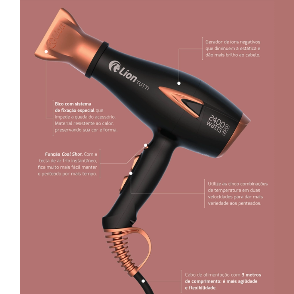 Secador de Cabelo Profissional Lion Tutti 2400W Preto/Rose Íons Tourmaline Jato Frio 220V