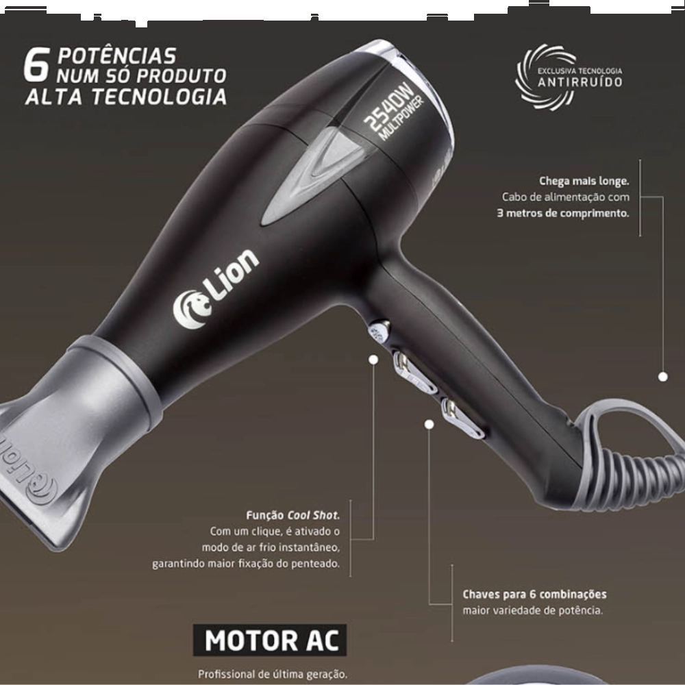 Secador Profissional Lion 2540W Preto Fosco 127V com Display e Tecnologia Aeronáutica

