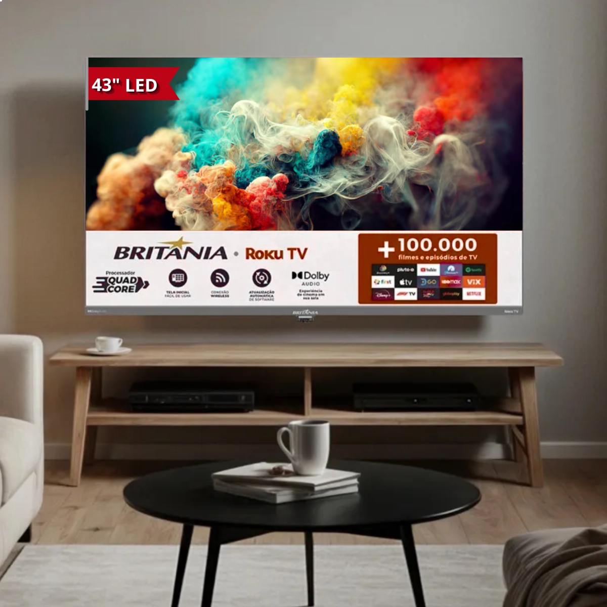 SMART TV LED 43 POLEGADAS BRITÂNIA COM MIDIACAST QUADCORE DOLBY AUDIO ROKU