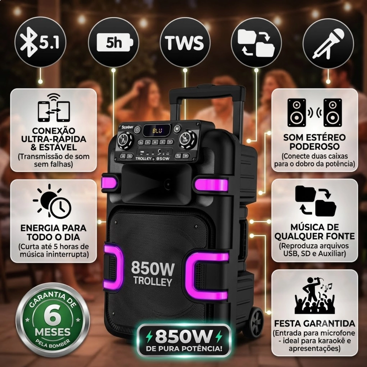 SOM AMPLIFICADA BLUETOOTH 850W LED TROLLEY 850 BOMBER