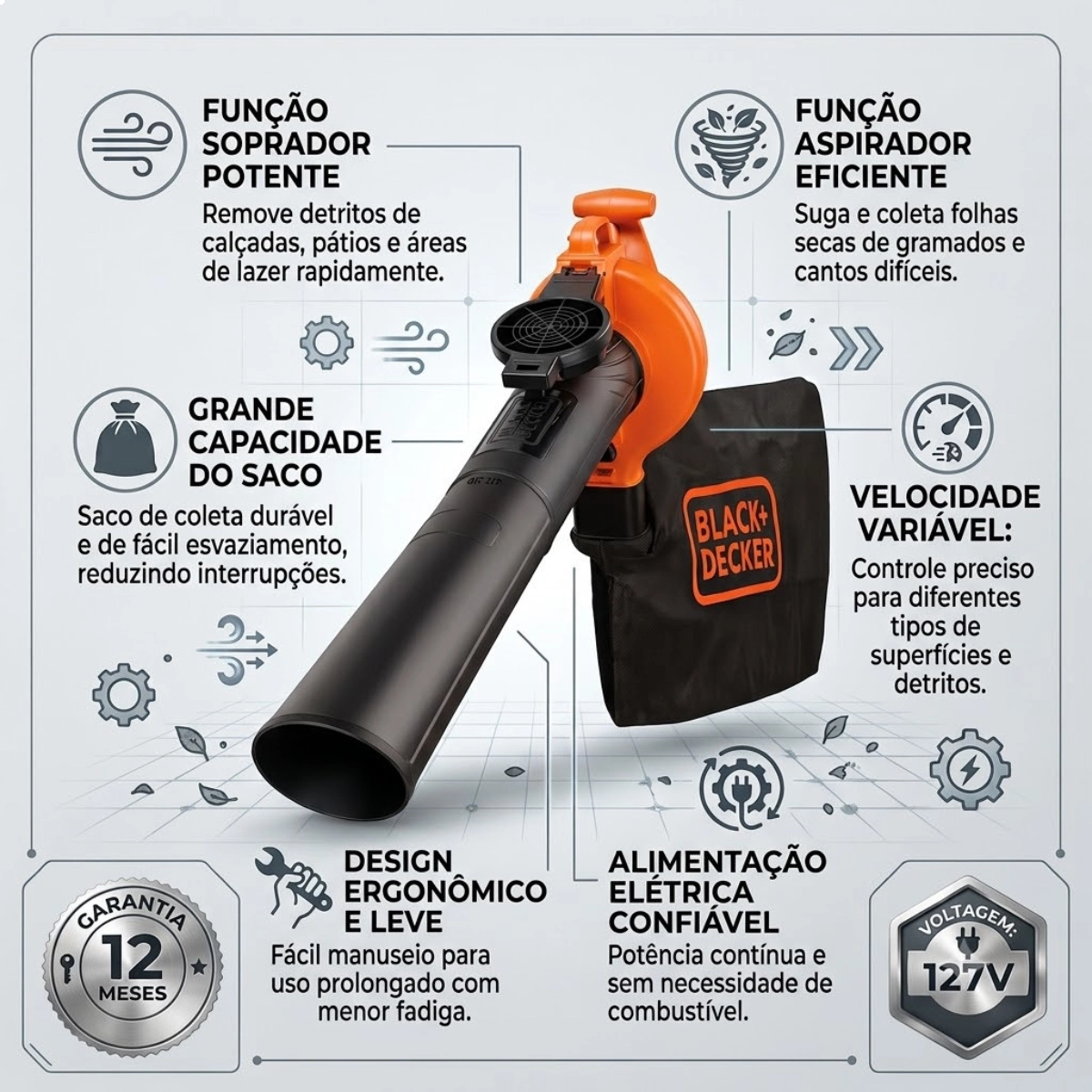 SOPRADOR ASPIRADOR TRITURADOR FOLHAS BLACK DECKER 2500W 127V SOPRADOR ASPIRADOR TRITURADOR FOLHAS BLACK DECKER 2500W 127V