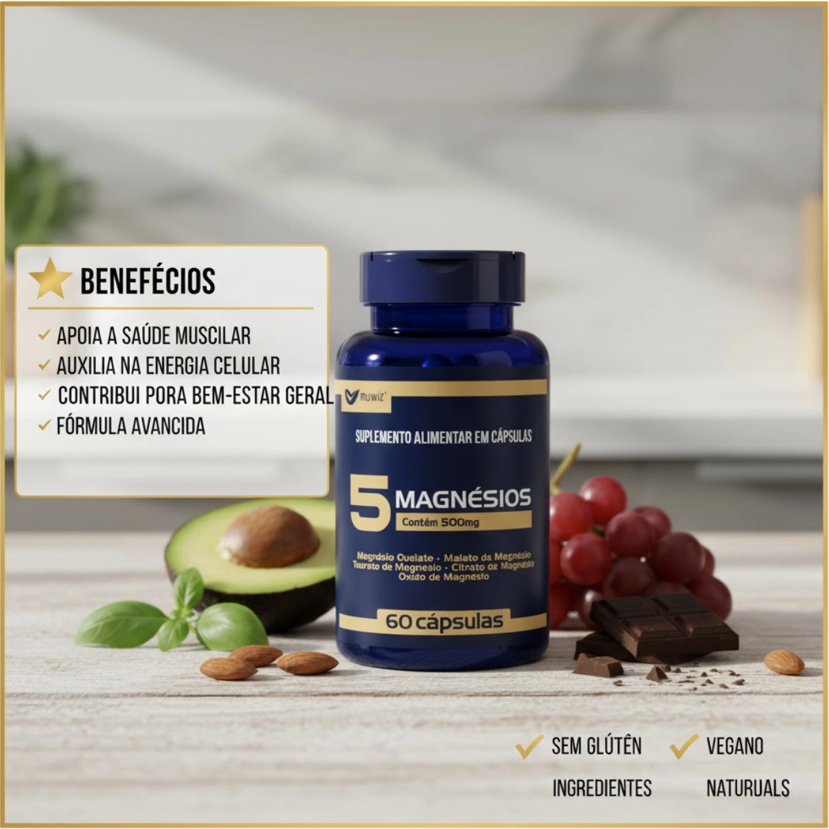 SUPLEMENTO ALIMENTAR 5 MAGNÉSIOS 60 CÁPSULAS 500MG MUWIZ