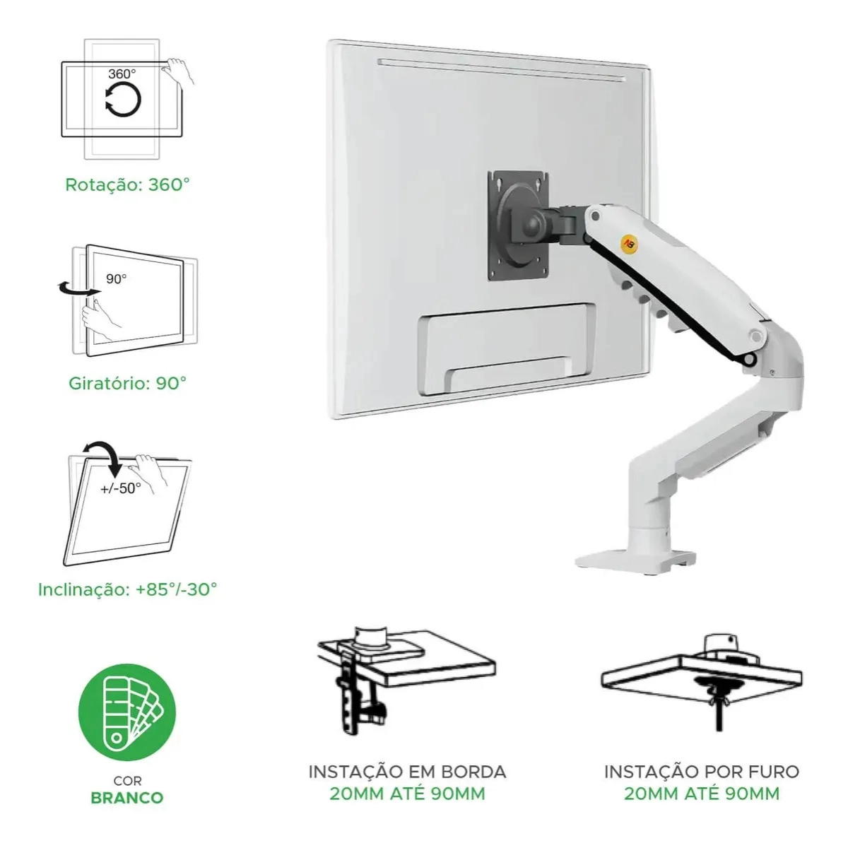 Suporte de Monitor Pistao a Gás Articulado Nb-f80-xe 17 a 30 Branco Suporte de Monitor Pistao a Gás Articulado Nb-f80-xe 17 a 30 Branco