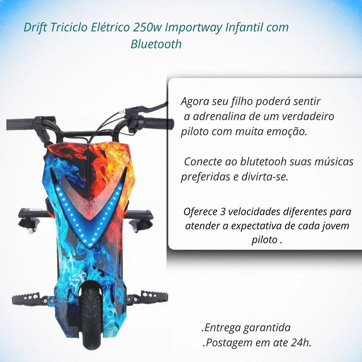 TRICICLO ELETRICO DRIFT INFANTIL IMPORTWAY 250W AZUL COM 3 VELOCIDADES COM LUZ DE LED