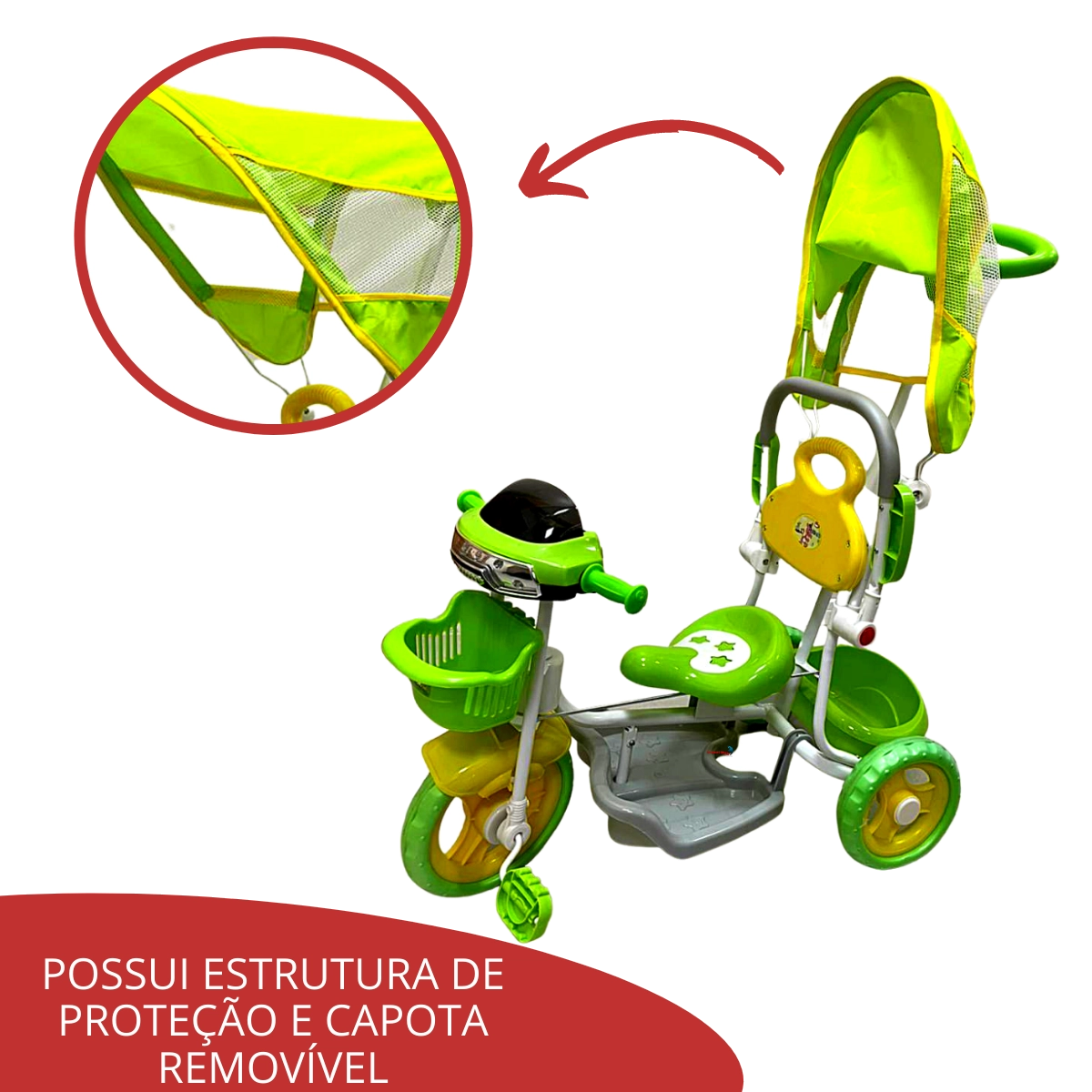 Triciclo Infantil 2 Em 1 Toldo Luzes Música Verde Importway