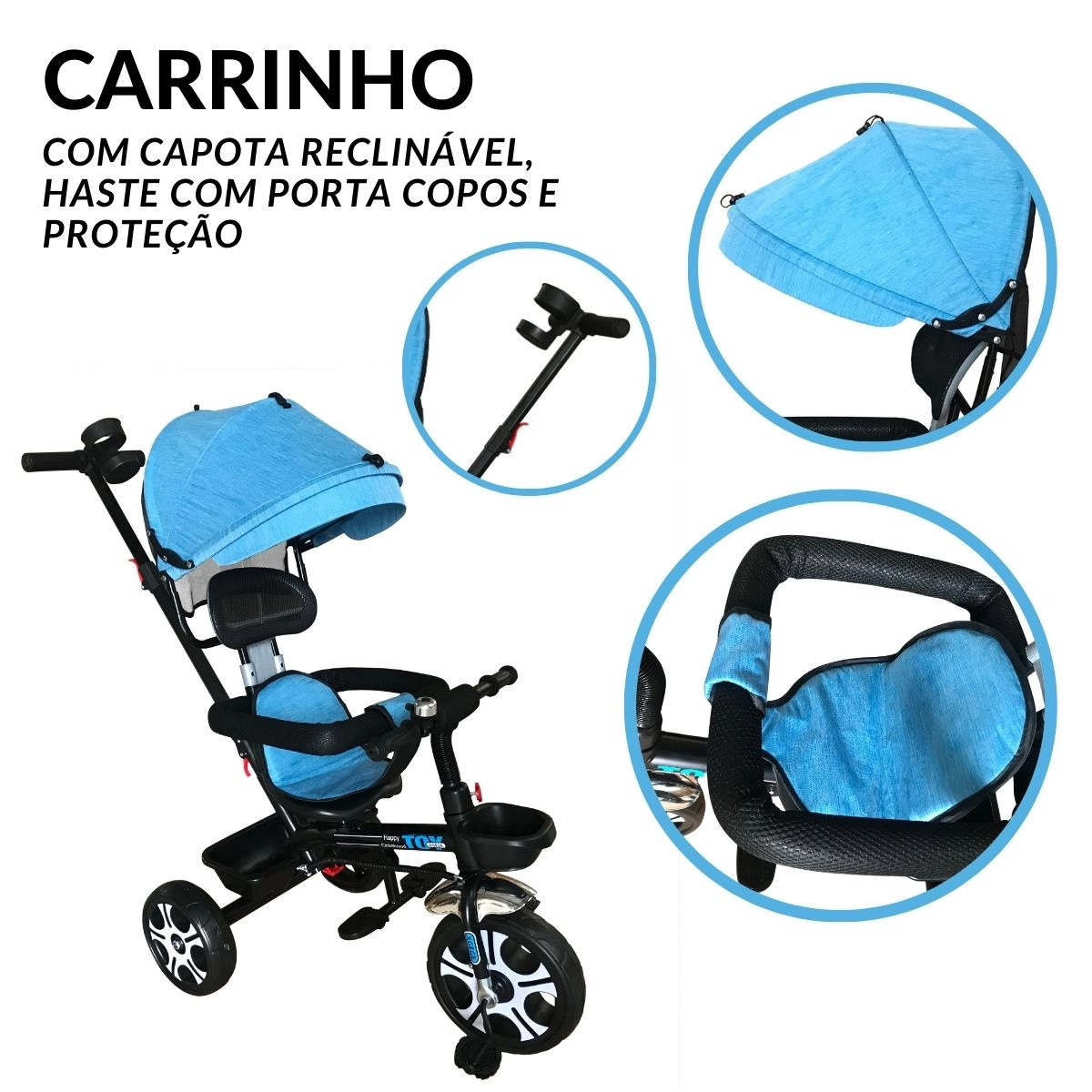 TRICICLO INFANTIL DE PASSEIO COM EMPURRADOR AZUL  - IMPORTWAY
