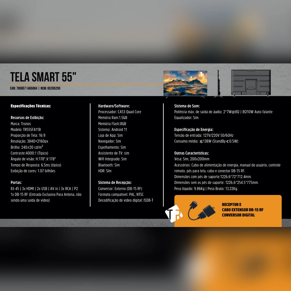 TV 55? TRONOS Smart LED 4K Ultra HD com Wi-Fi, Bluetooth e Apps Netflix, YouTube, Prime Video TV 55? TRONOS Smart LED 4K Ultra HD com Wi-Fi, Bluetooth e Apps Netflix, YouTube, Prime Video