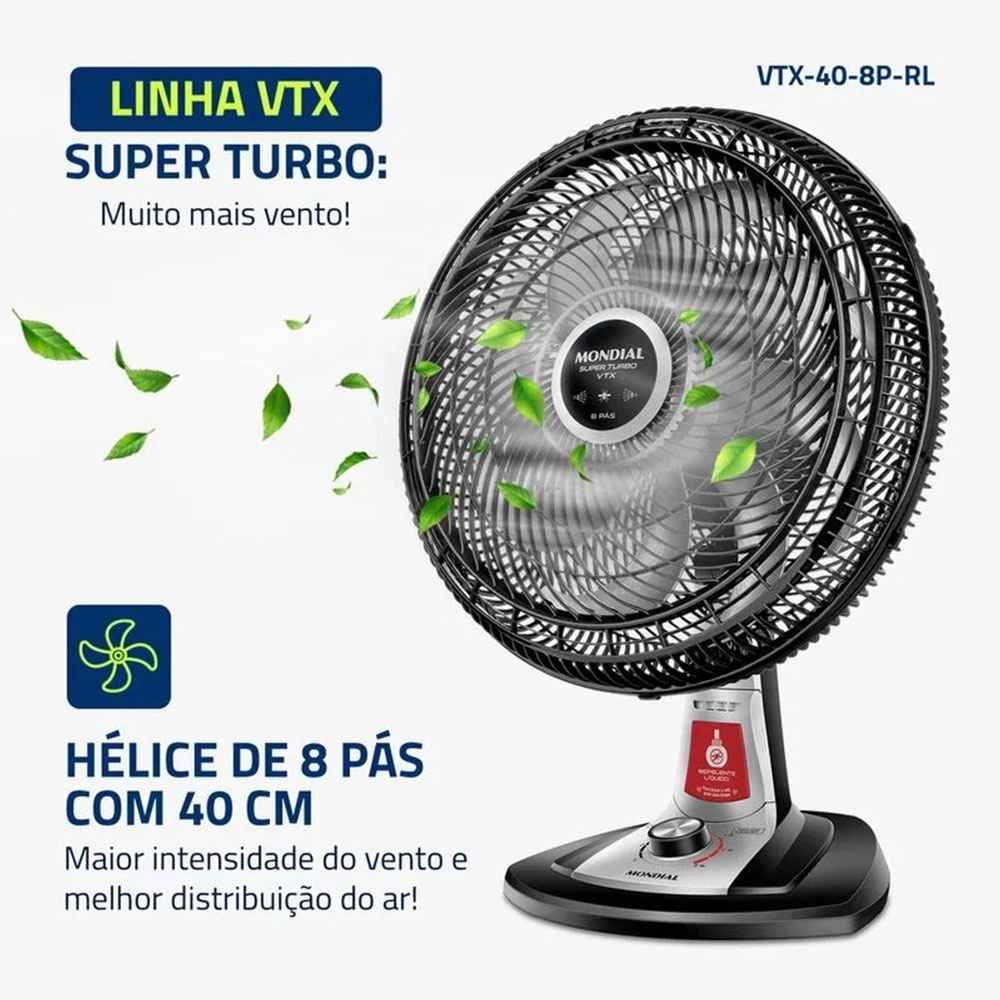 Ventilador de Mesa Mondial Repelente Líquido Super Turbo 8 Pás Vtx-40-8p-rl 127v