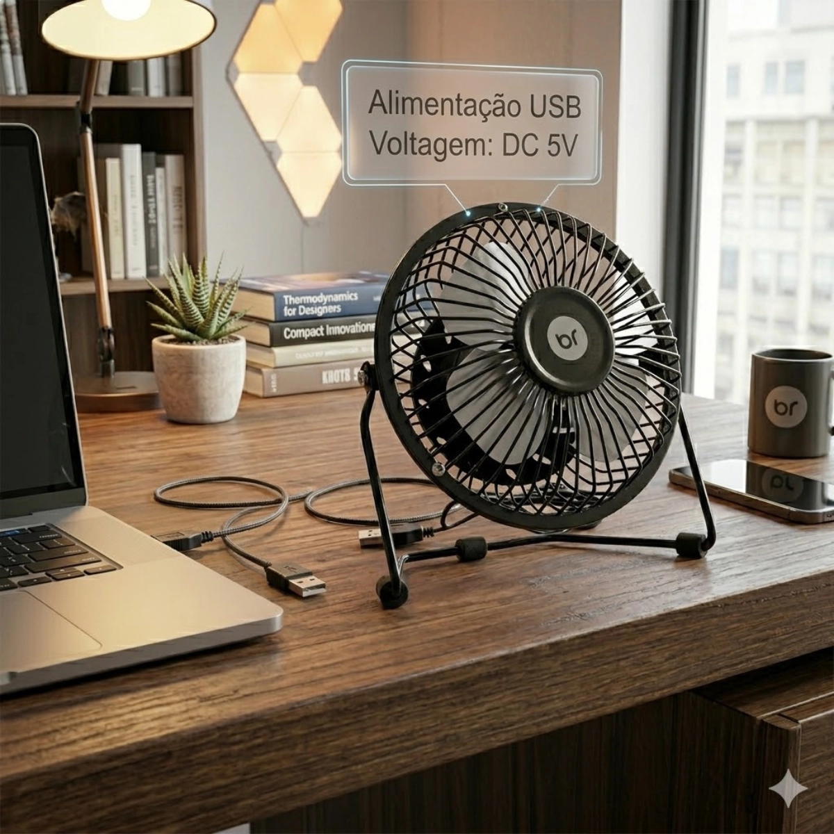VENTILADOR DE MESA PRETO PORTATIL 15CM 5V USB BRIGHT ULTRA SILENCIOSO