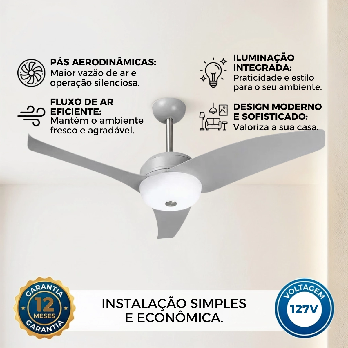 VENTILADOR DE TETO LATINA VT633 LUMINARIA SILENCIOSO CINZA 127V VENTILADOR DE TETO LATINA VT633 LUMINARIA SILENCIOSO CINZA 127V