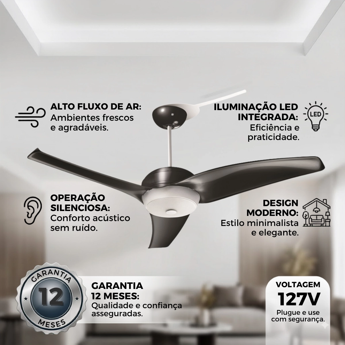 VENTILADOR DE TETO LATINA VT633 LUMINARIA SILENCIOSO PRETO 127V VENTILADOR DE TETO LATINA VT633 LUMINARIA SILENCIOSO PRETO 127V