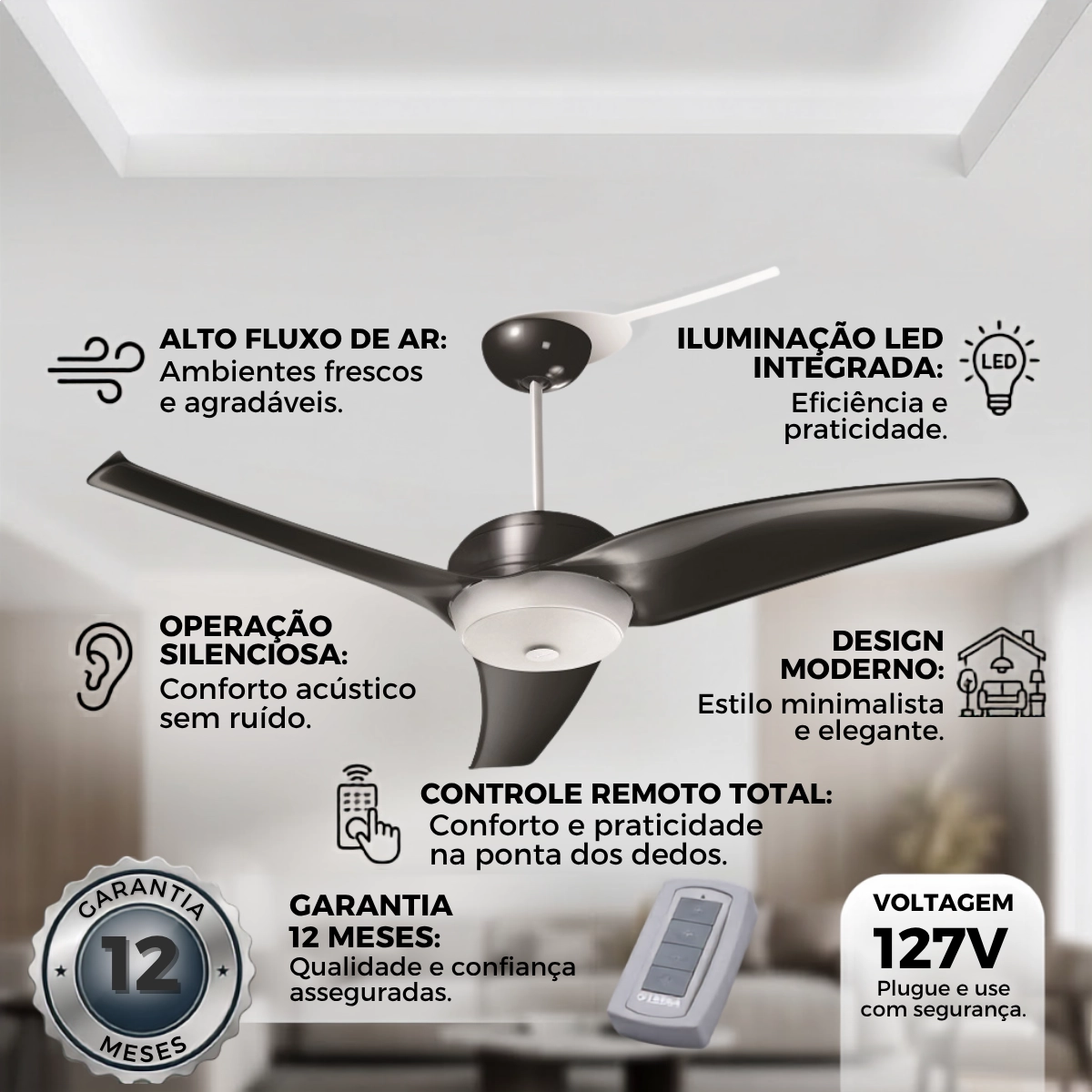 VENTILADOR DE TETO LATINA VT673 CONTROLE REMOTO PRETO 127V