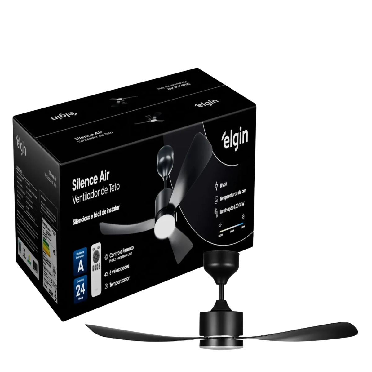 VENTILADOR DE TETO SILENCE AIR 30W 3 PÁS 6 VELOCIDADES LED 18W PRETO VENTILADOR DE TETO SILENCE AIR 30W 3 PÁS 6 VELOCIDADES LED 18W PRETO