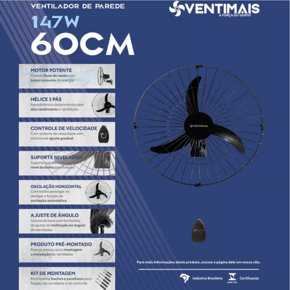 Ventilador Osc de Parede 60cm Preto Light 147w - 127v