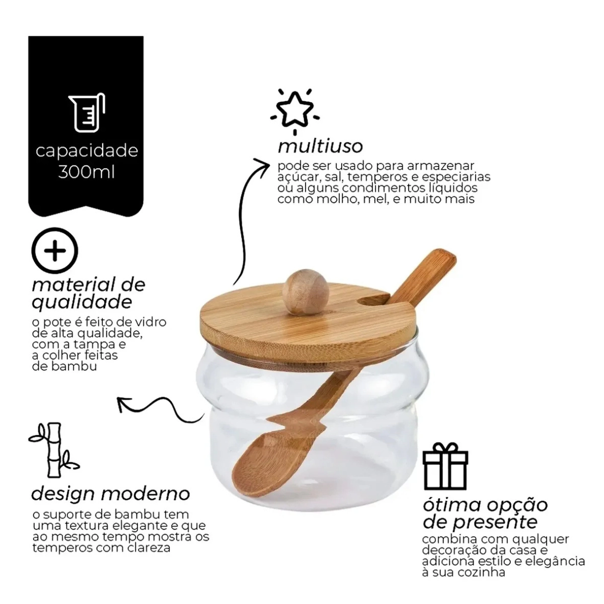 AÇUCAREIRO DE VIDRO TAMPA E COLHER BAMBU 250ML MIMO STYLE