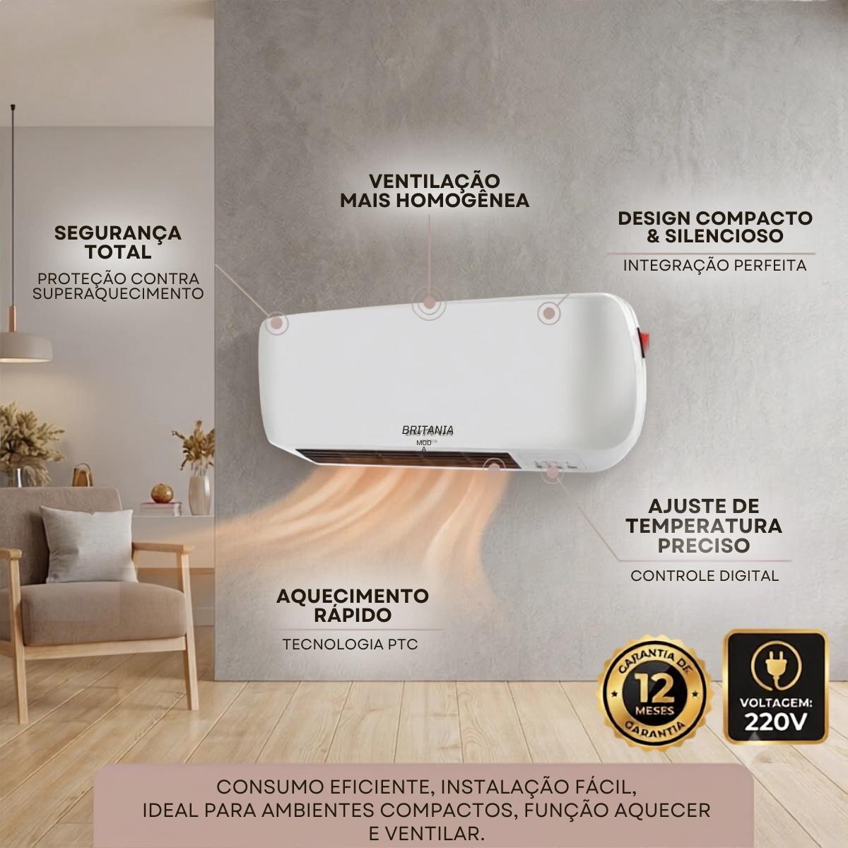 AQUECEDOR DE PAREDE BRITÂNIA BAQ2200B 2 EM 1 COM TIMER 220V
