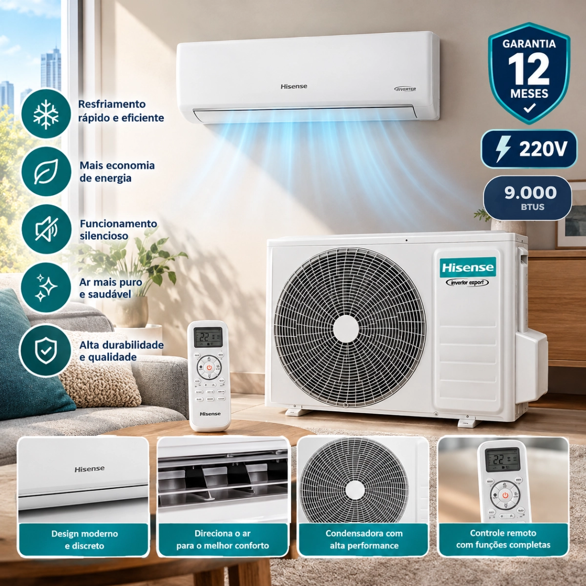 AR CONDICIONADO SPLIT HISENSE 9000 BTUS INVERTER WIFI 220V AR CONDICIONADO SPLIT HISENSE 9000 BTUS INVERTER WIFI 220V