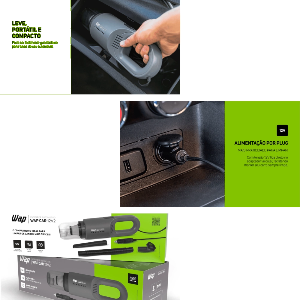 Aspirador Automotivo Portátil 12v Wap Car 12v2 com Filtro Hepa e Cabo de 3,7m
